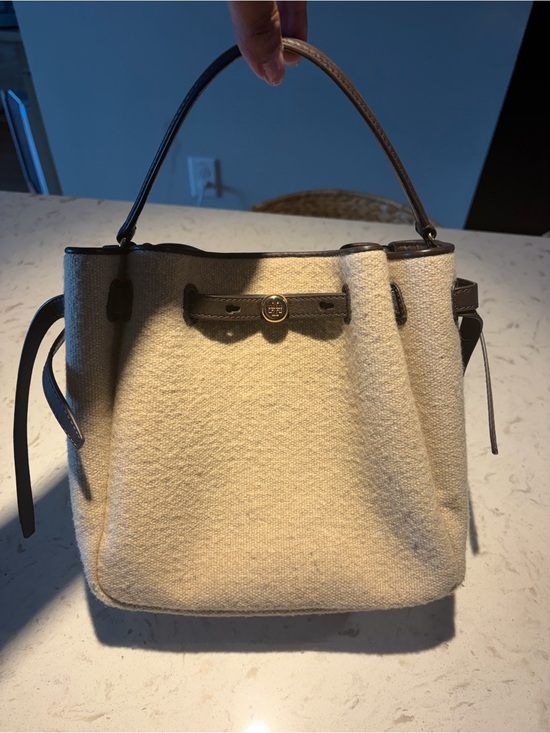 Tory Burch Handbags - Tory Burch Cream Wool Crossbody Tote with Brown Leather Trim